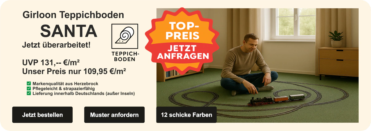 „Kategoriebild für Infloor-Girloon Santa Teppichboden: strukturierter roter Teppichhintergrund mit Infloor-Girloon Logo oben links und weißem Schriftzug ‚SANTA‘ mittig platziert.“